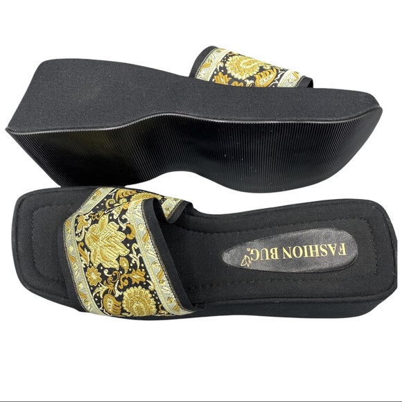 Vintage Fashion Bug Tapestry Black Square Toe Chunky Platform Slip On Sandals 9 - Picture 4 of 12